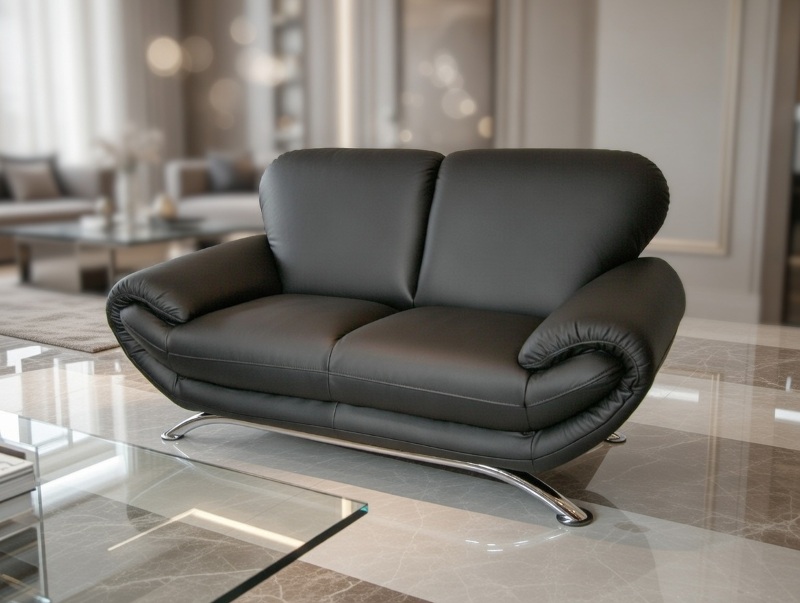 Sofa M040 Mebel Akimo w czarnej skórzanej tapicerce, w eleganckiej nowoczesnej aranżacji.
