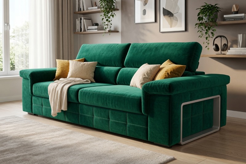 Sofa M042 w zielonej welurowej tapicerce, model Mebel Akimo w nowoczesnym salonie z dekoracyjnymi poduszkami
