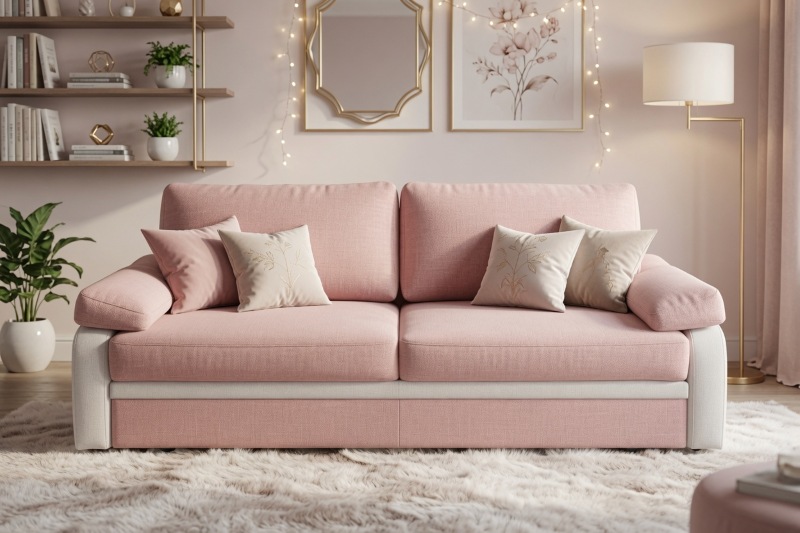 Sofa M046 Mebel Akimo w różowej tapicerce, w przytulnej i dekoracyjnej aranżacji salonowej.