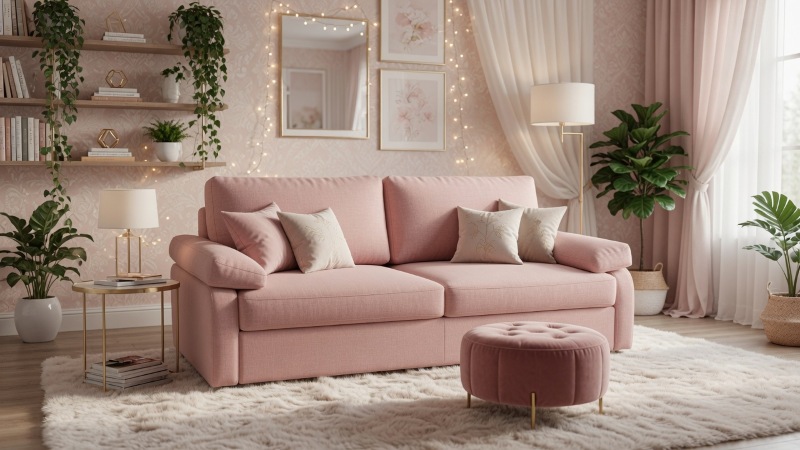 Sofa M046 Mebel Akimo w różowej tapicerce, w eleganckiej i nastrojowej aranżacji salonowej.