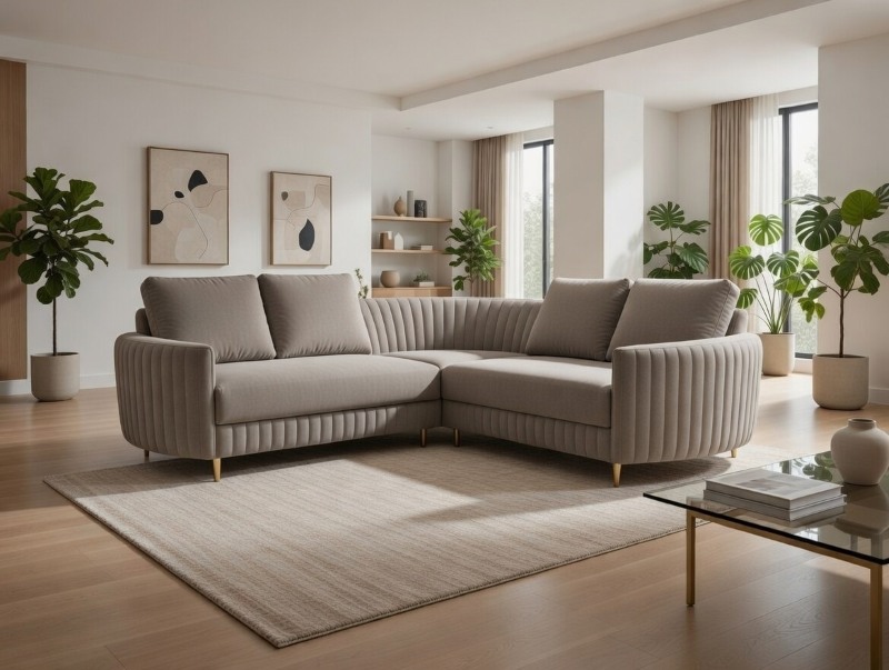 Jasnoszara sofa M321 firmy Mebel Akimo z pionowym pikowaniem i drewnianymi nogami, ustawiona w nowoczesnym salonie z roślinami, abstrakcyjnymi obrazami i dużymi oknami.